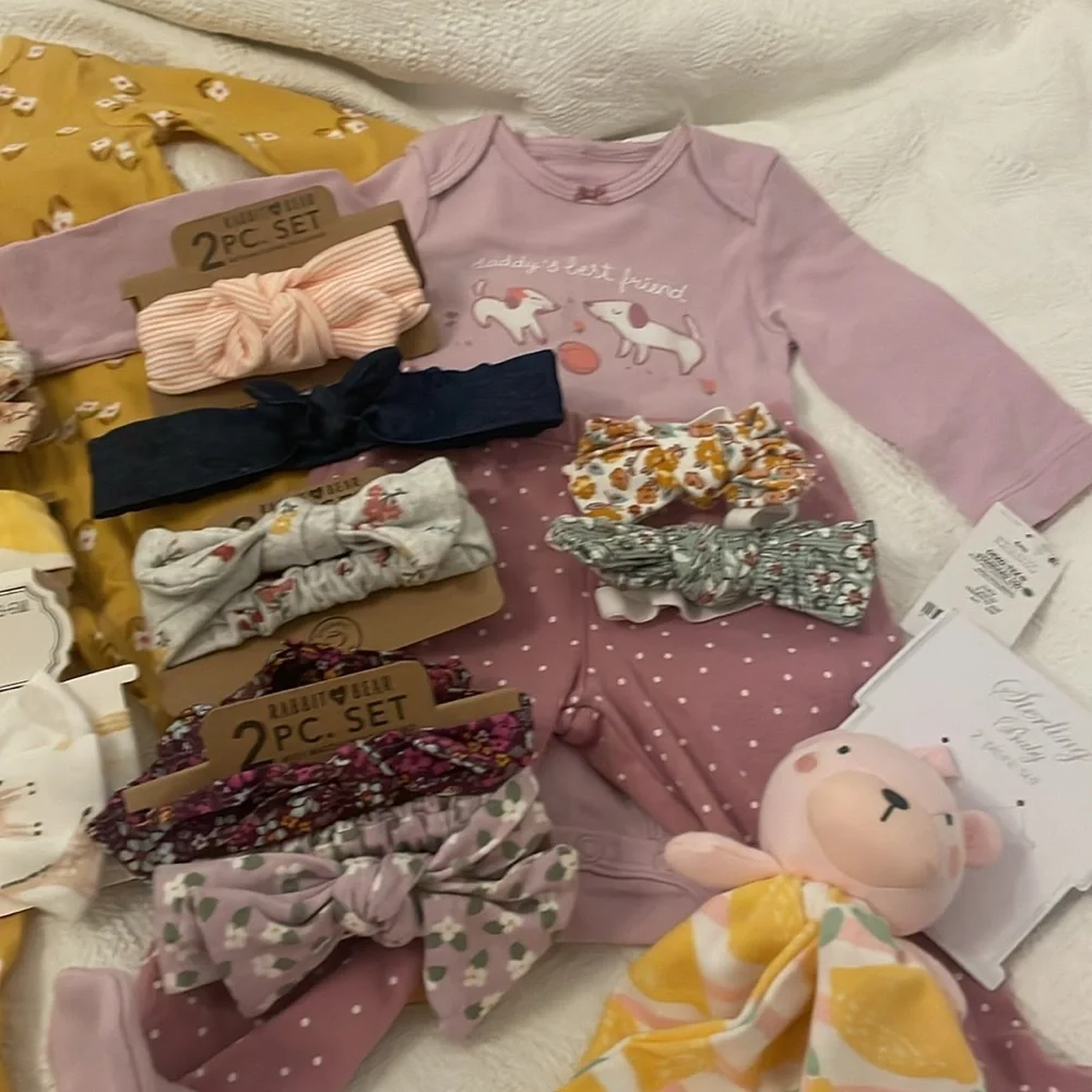 NEW Baby Bundle - (11) headbands and (2) onesies and (1) bear lovey